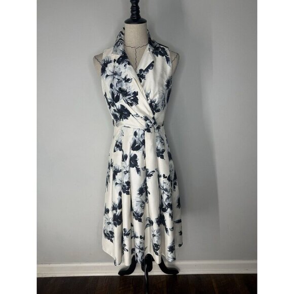 DB Dressbarn Satin Floral A-line Classic Collar V-neck Dress Size 6 - Picture 1 of 16